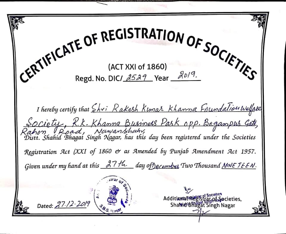 Sh. Rakesh Kumar Khanna Foundation Welfare Society Registration Certificate